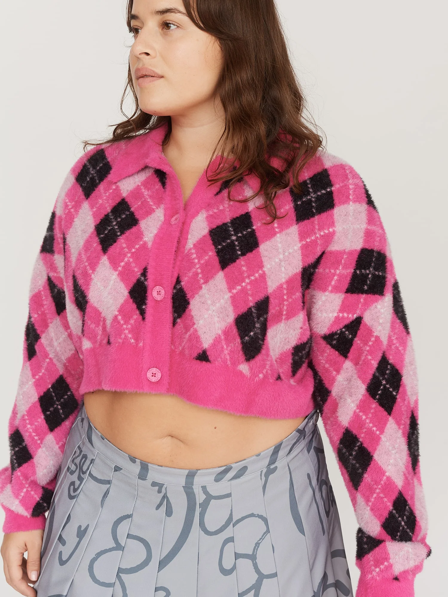 Fuzzy Pink Argyle Cardigan - Image 3