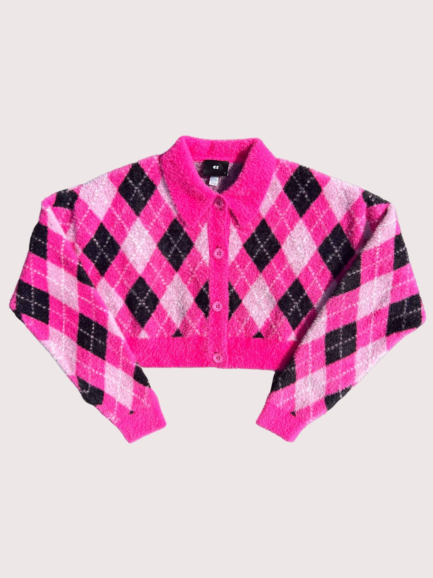 Fuzzy Pink Argyle Cardigan - Image 4