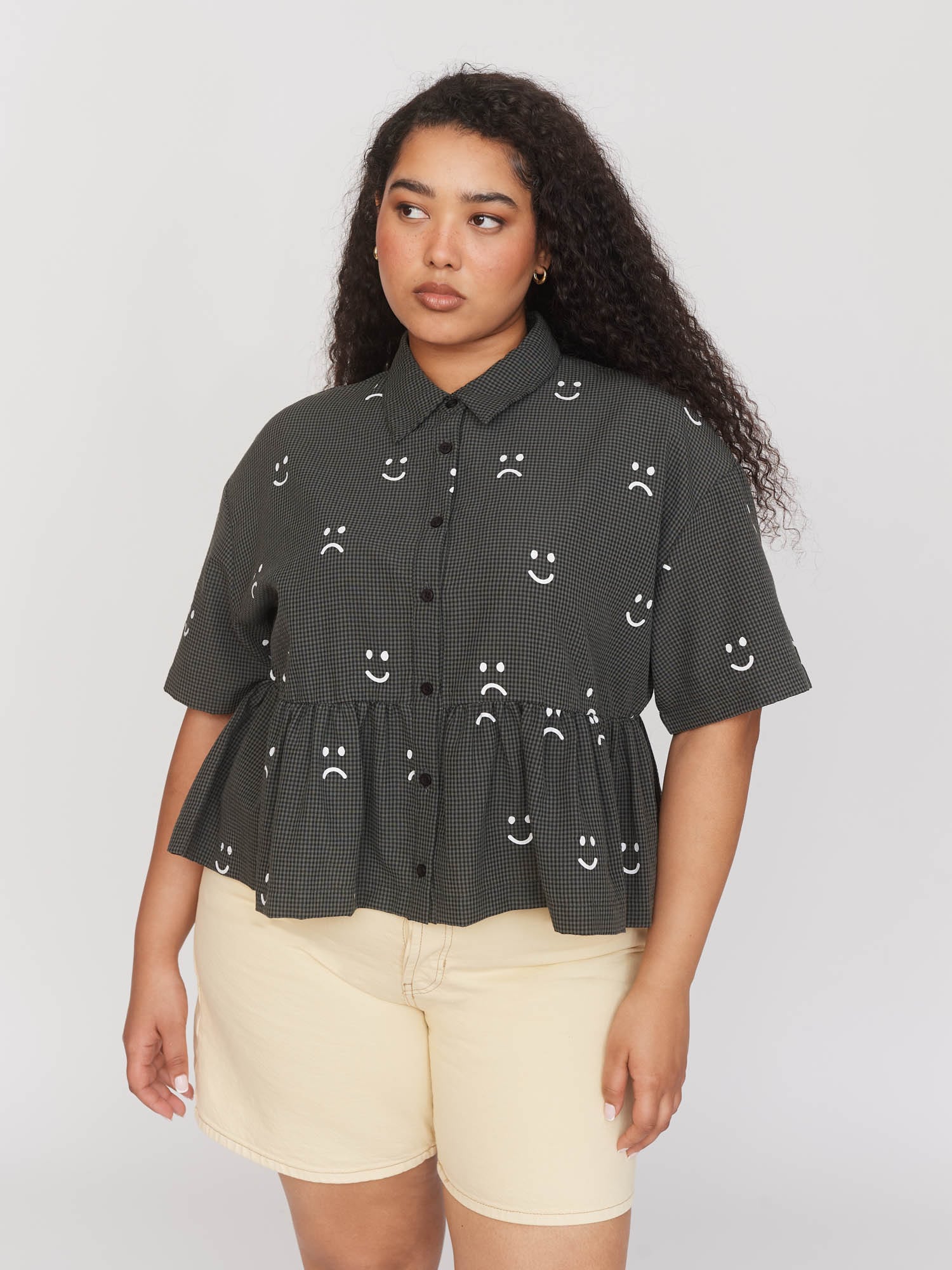 Happy Sad Check Button Up Smock Top - Image 6