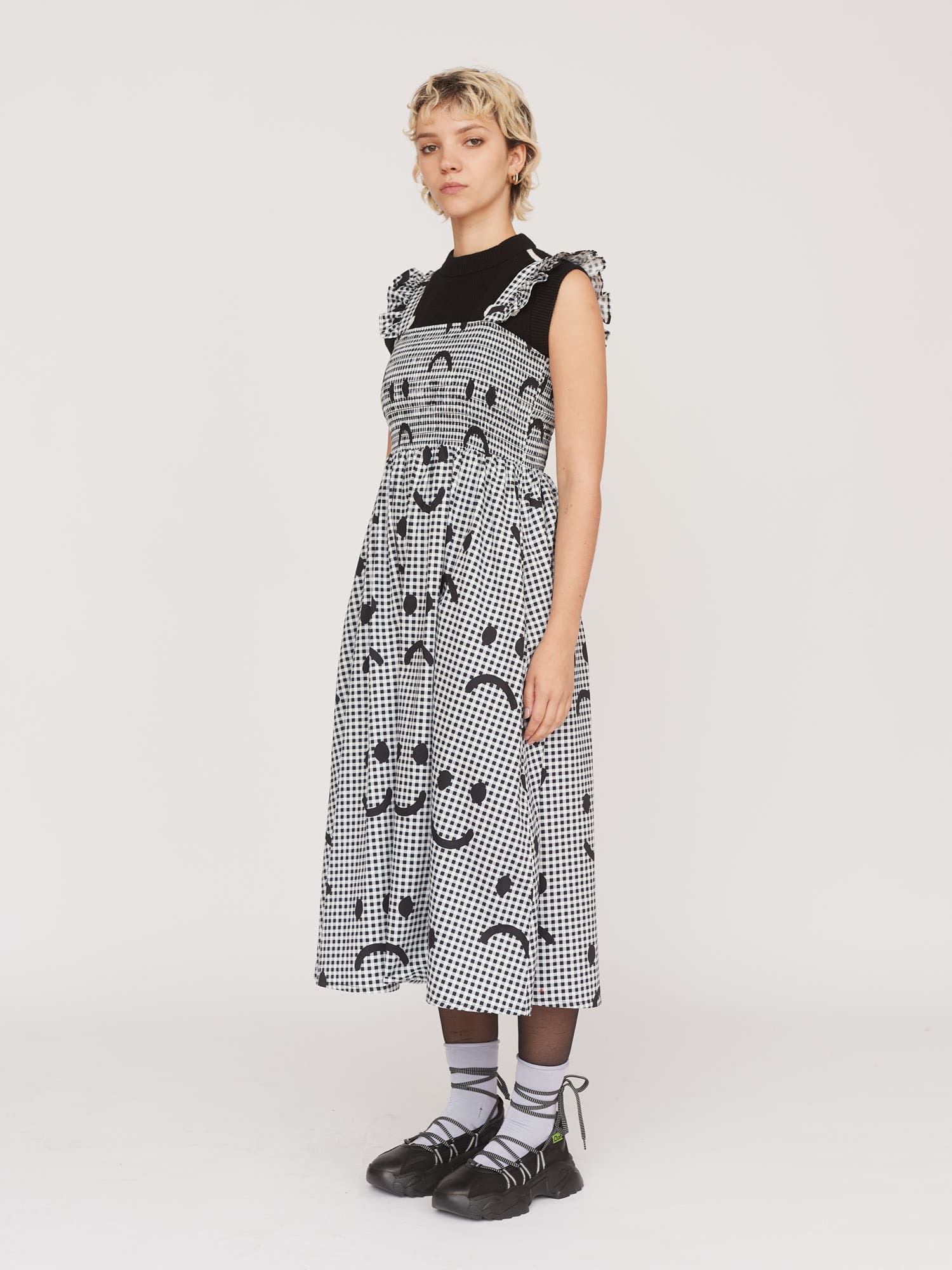 Happy Sad Gingham Shirred Dress - Image 4