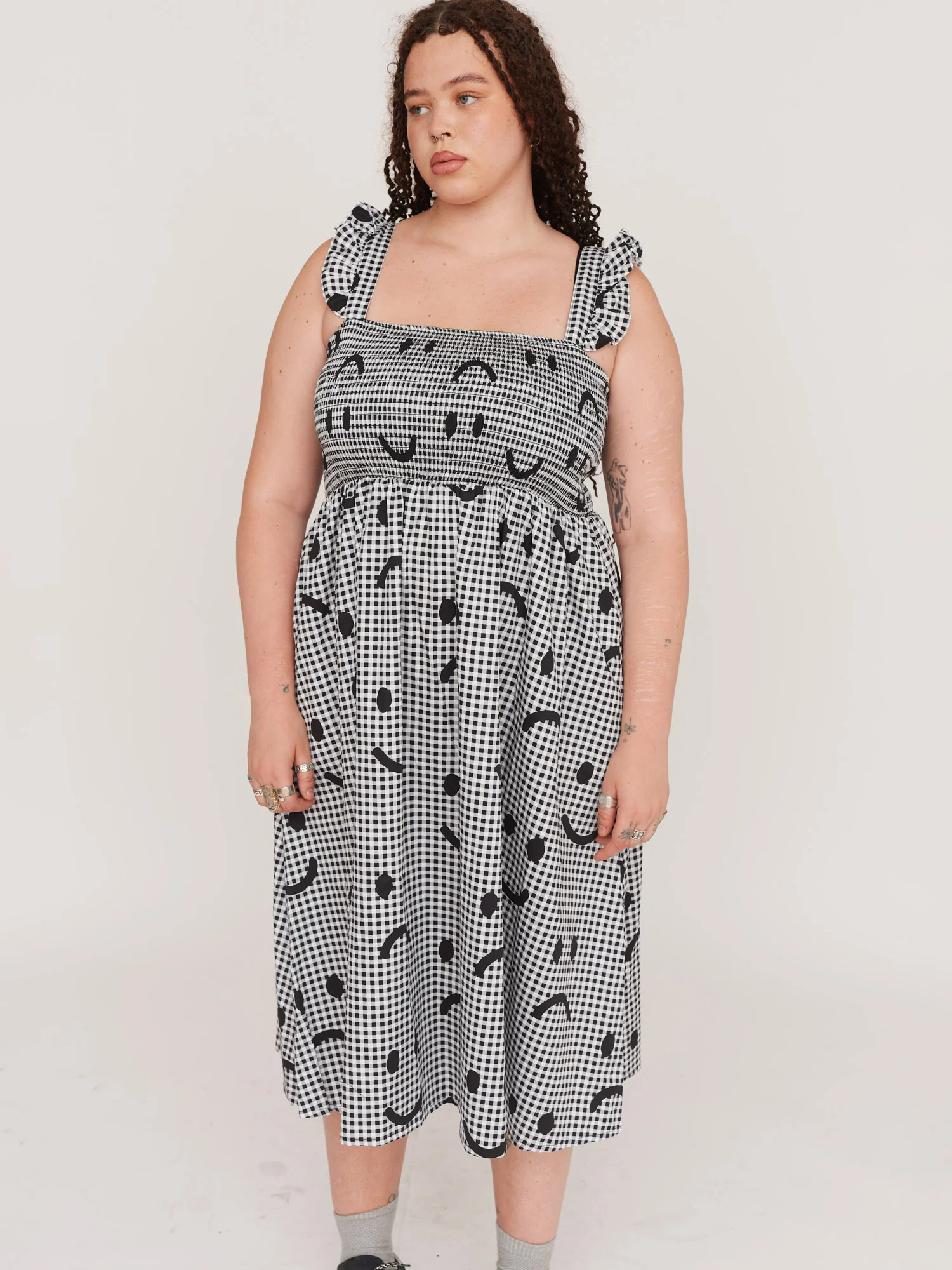 Happy Sad Gingham Shirred Dress - Image 5