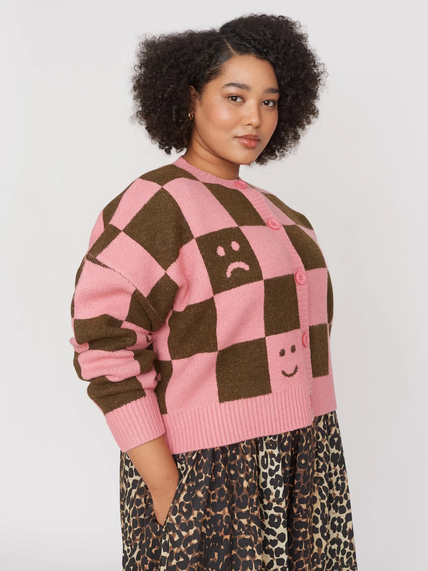 Happy Sad Pink & Khaki Checkerboard Cardigan