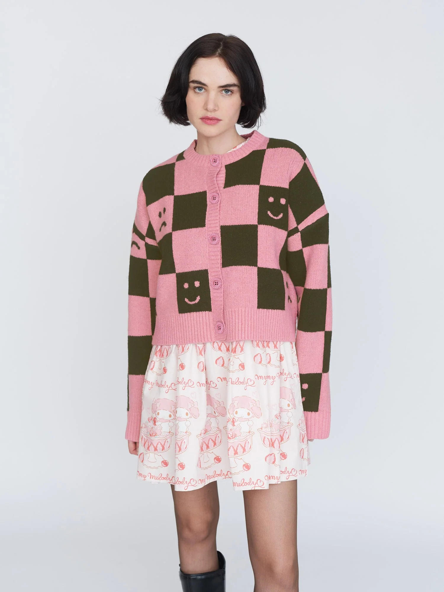 Happy Sad Pink & Khaki Checkerboard Cardigan - Image 2