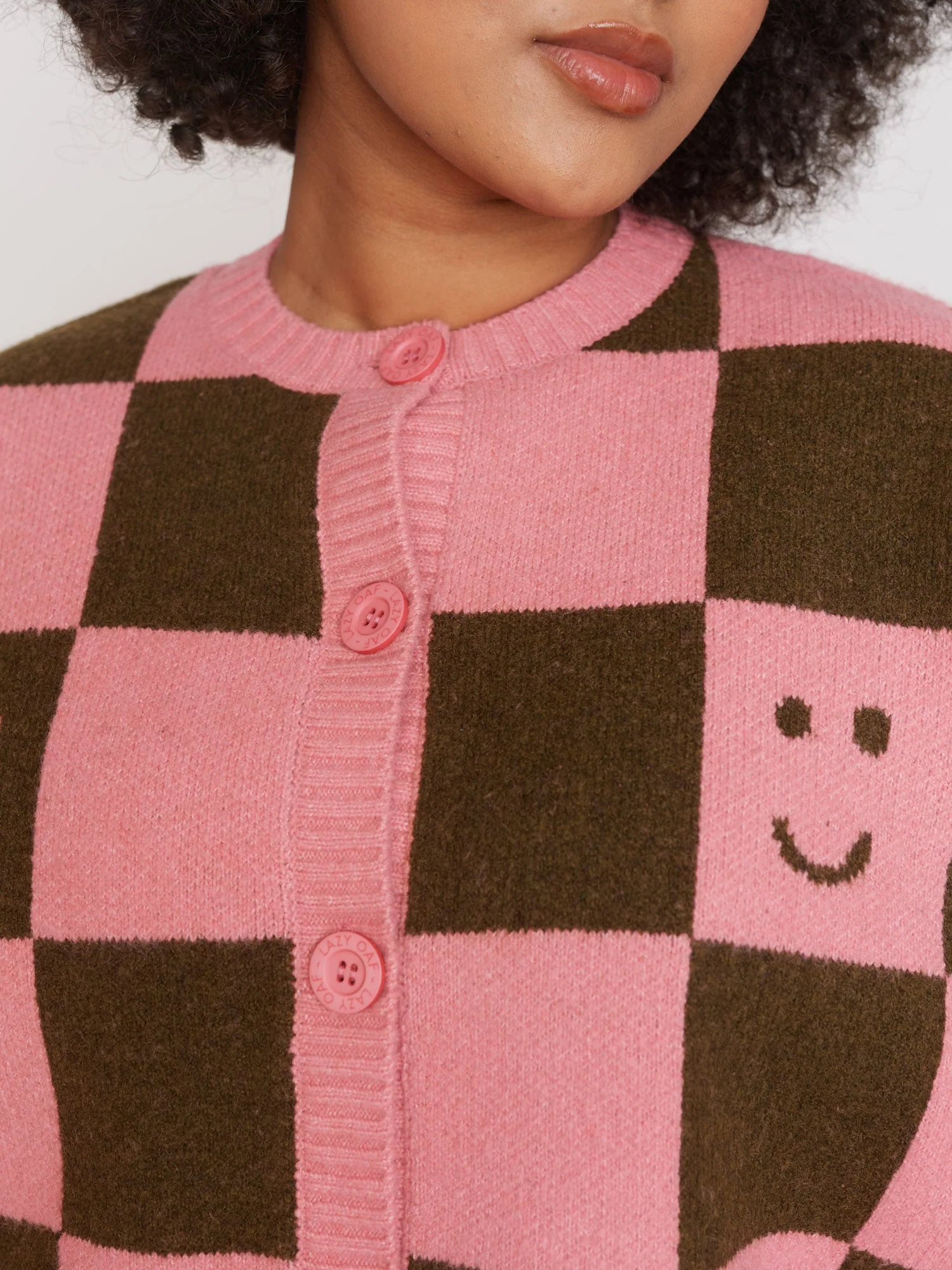 Happy Sad Pink & Khaki Checkerboard Cardigan - Image 3