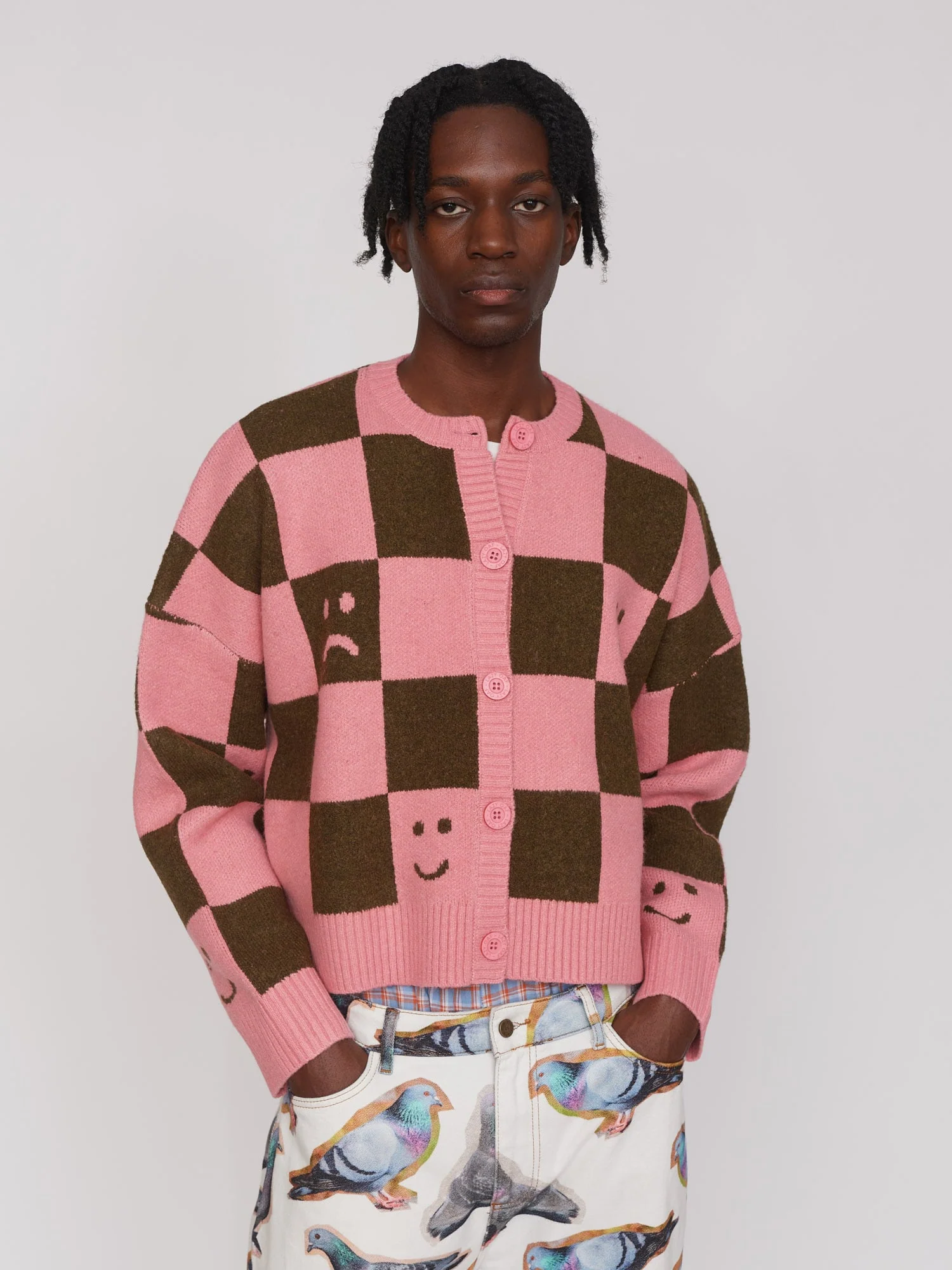 Happy Sad Pink & Khaki Checkerboard Cardigan - Image 4