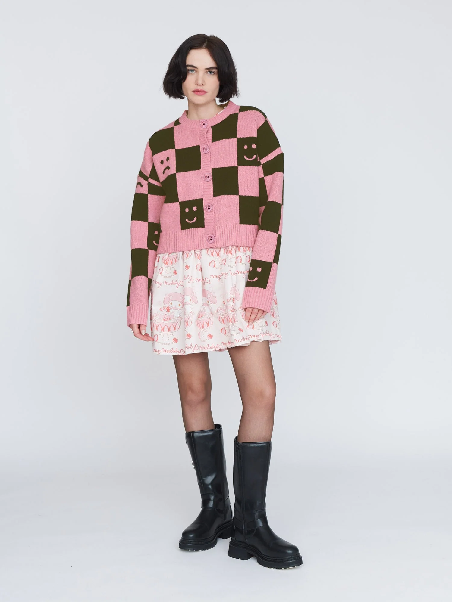 Happy Sad Pink & Khaki Checkerboard Cardigan - Image 5