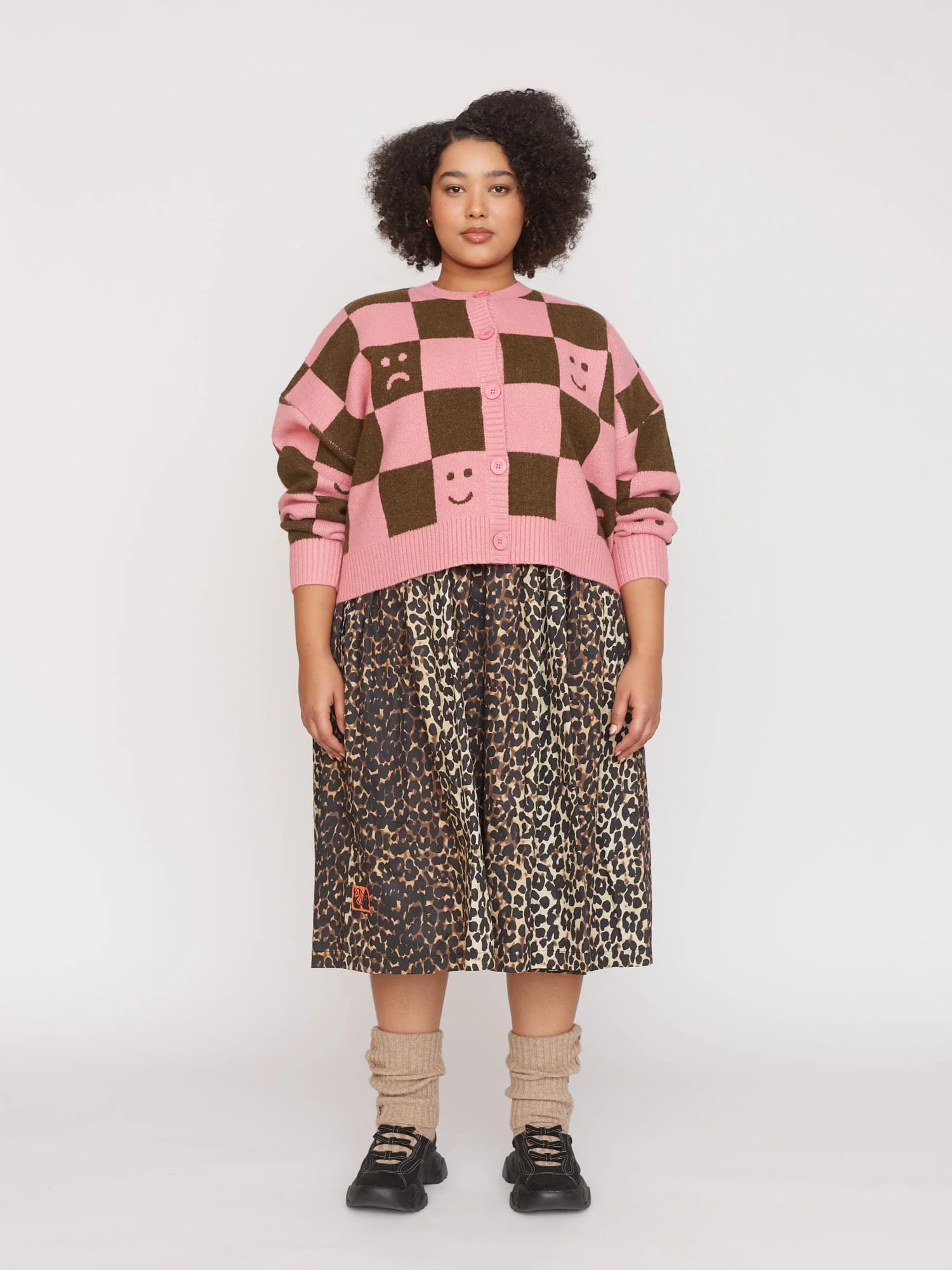 Happy Sad Pink & Khaki Checkerboard Cardigan - Image 7