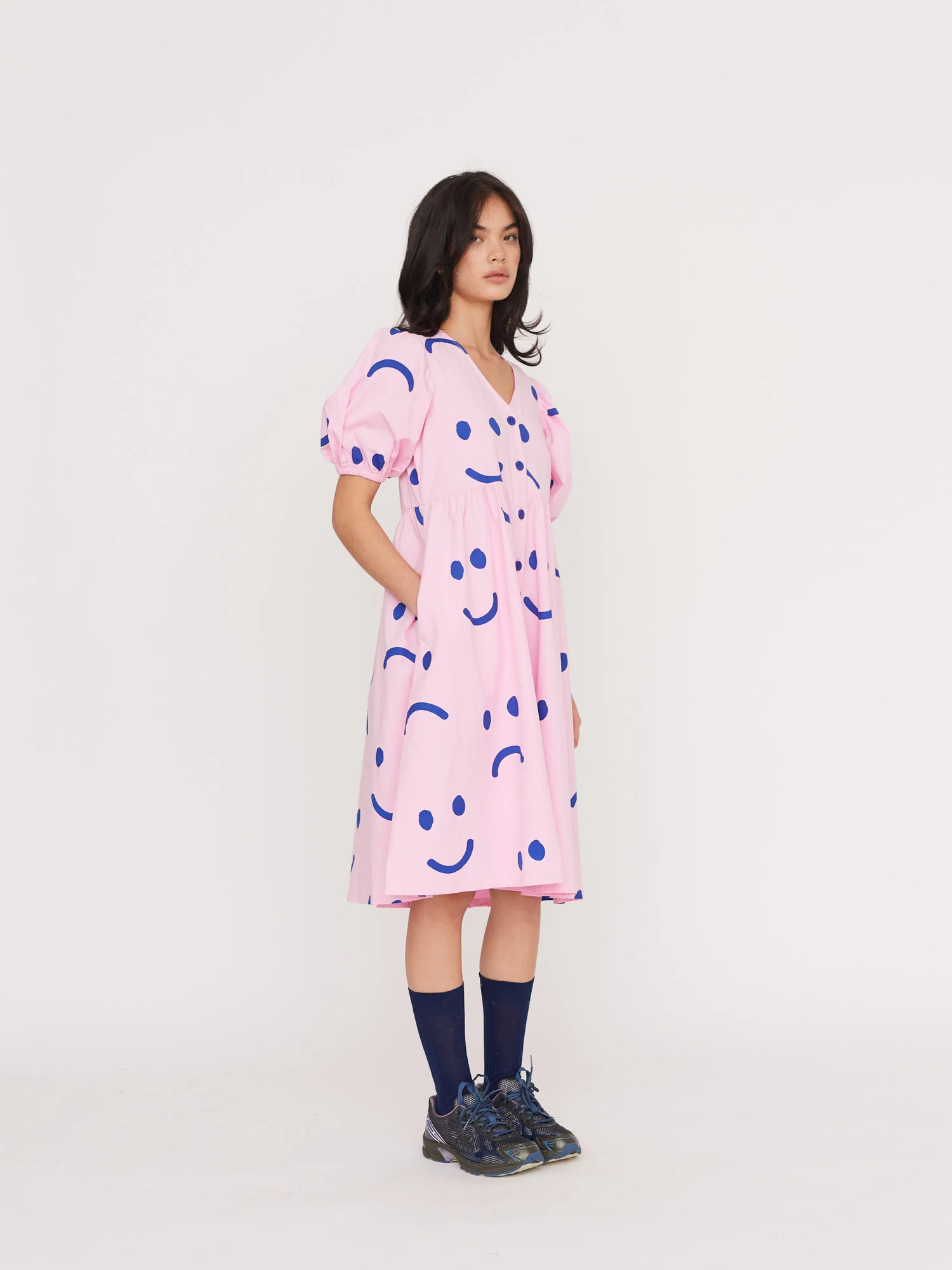 Happy Sad Pink & Navy Puff Sleeve Midi Dress - Image 3
