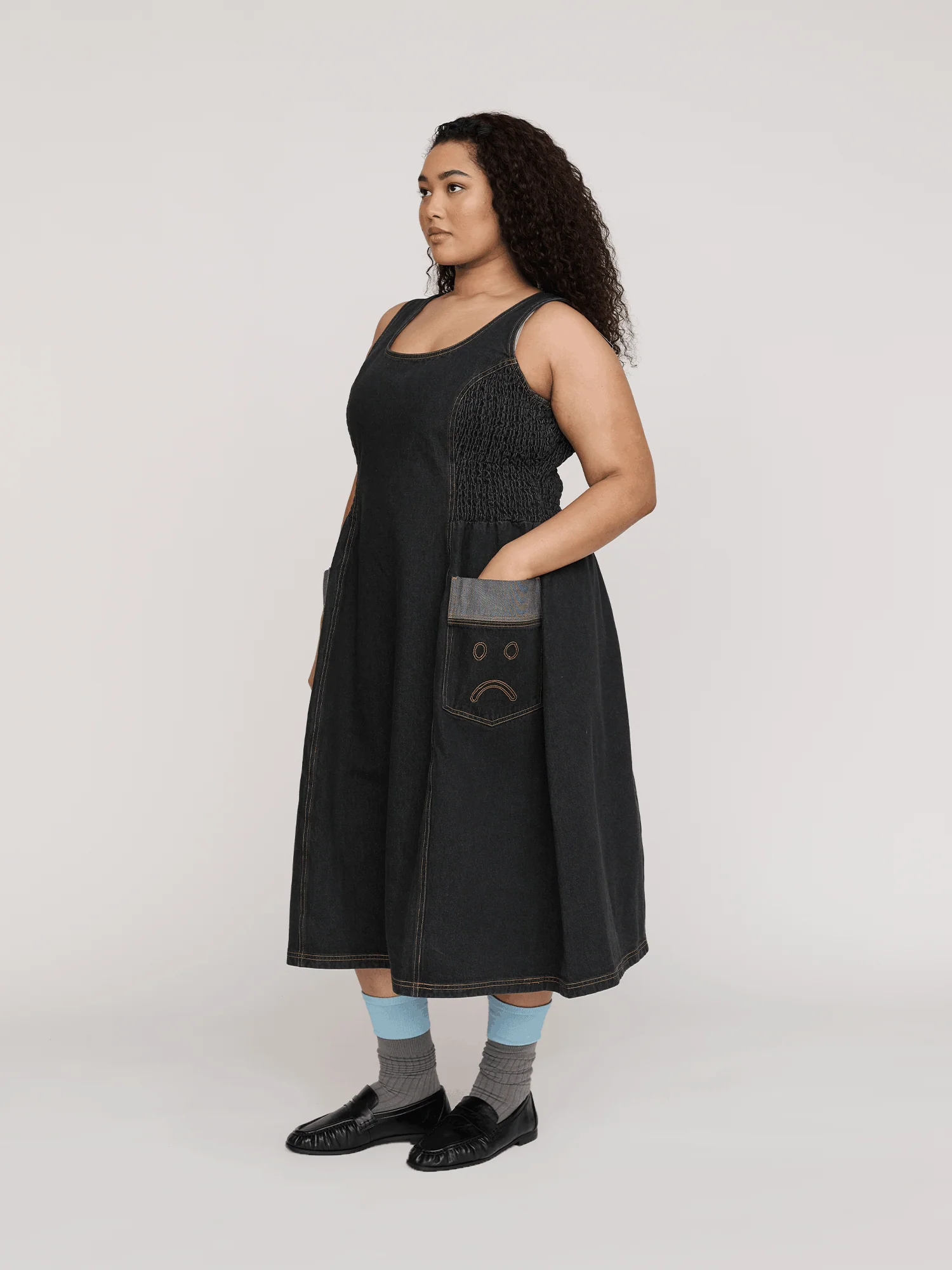 Happy Sad Sleeveless Denim Dress - Image 2