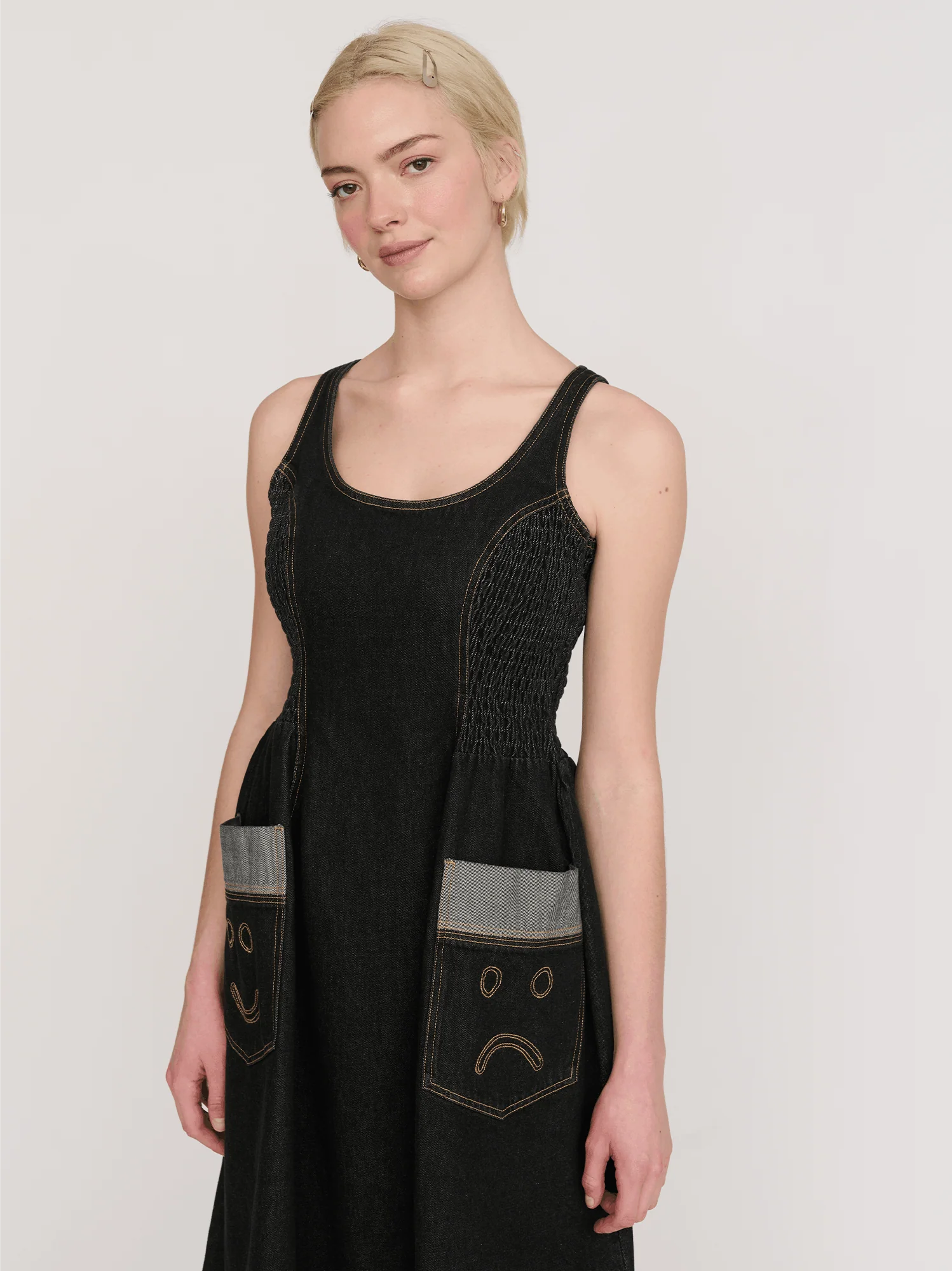 Happy Sad Sleeveless Denim Dress - Image 4