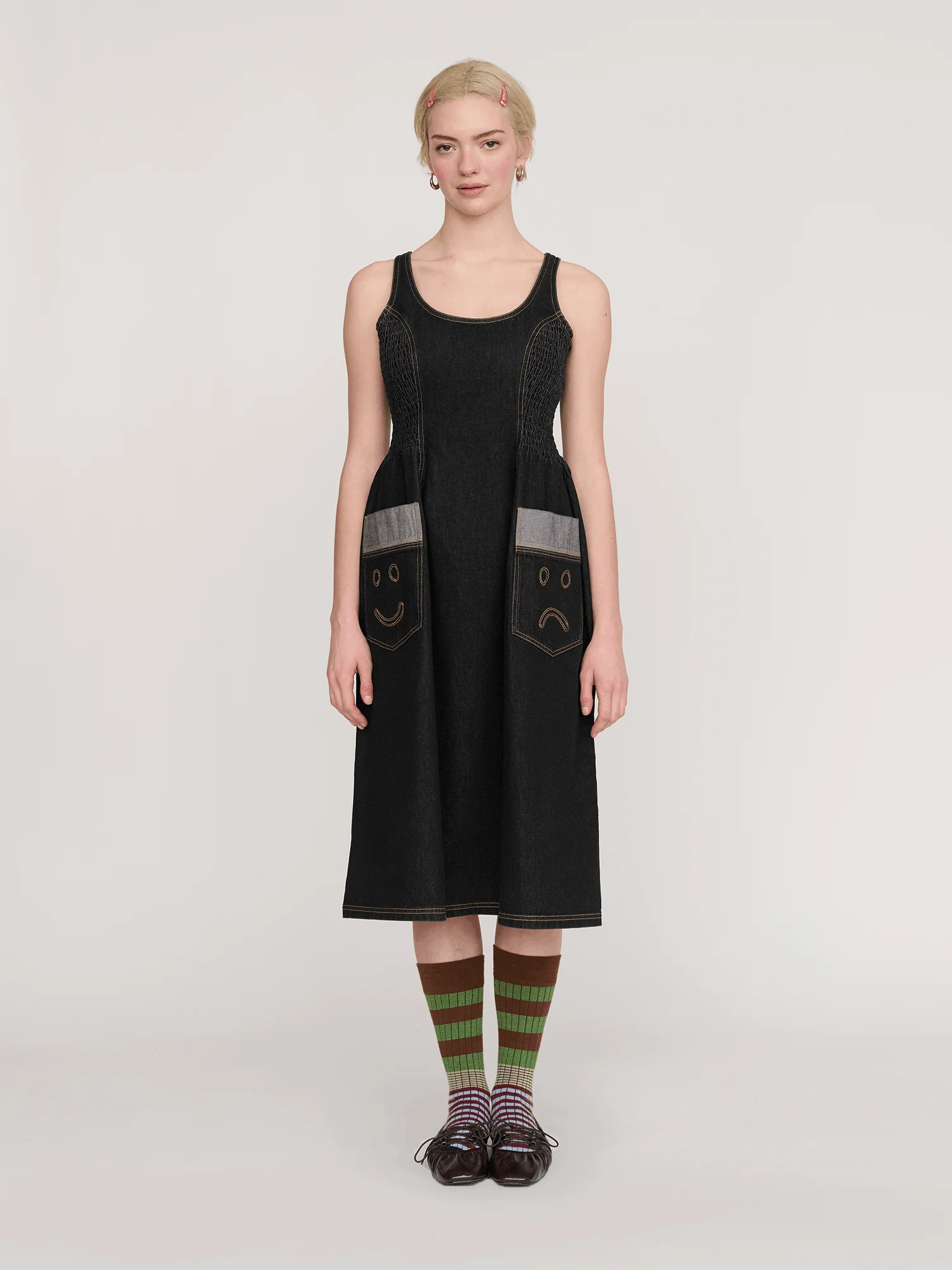 Happy Sad Sleeveless Denim Dress - Image 7