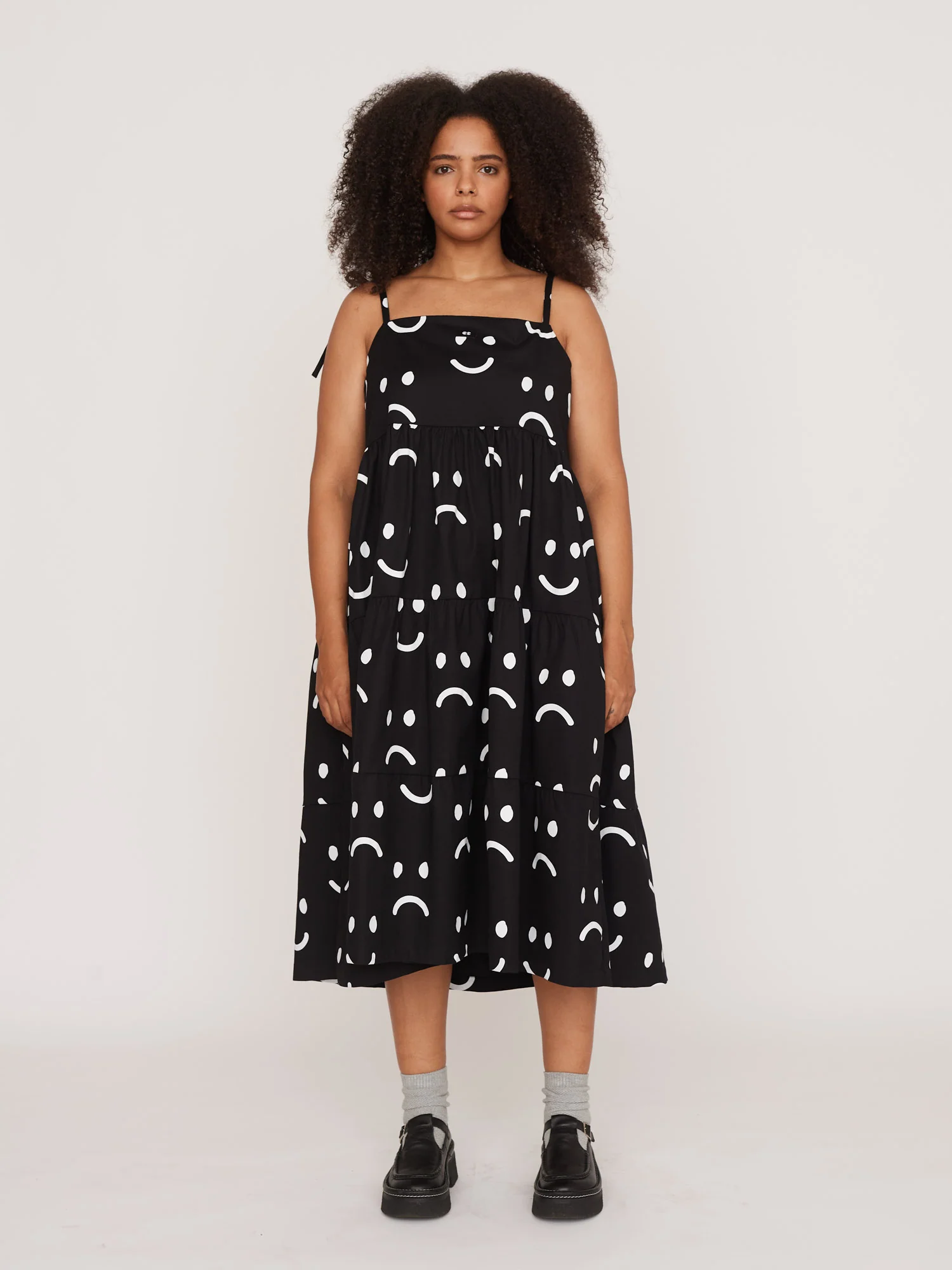 Happy Sad Tie Shoulder Smock Dress