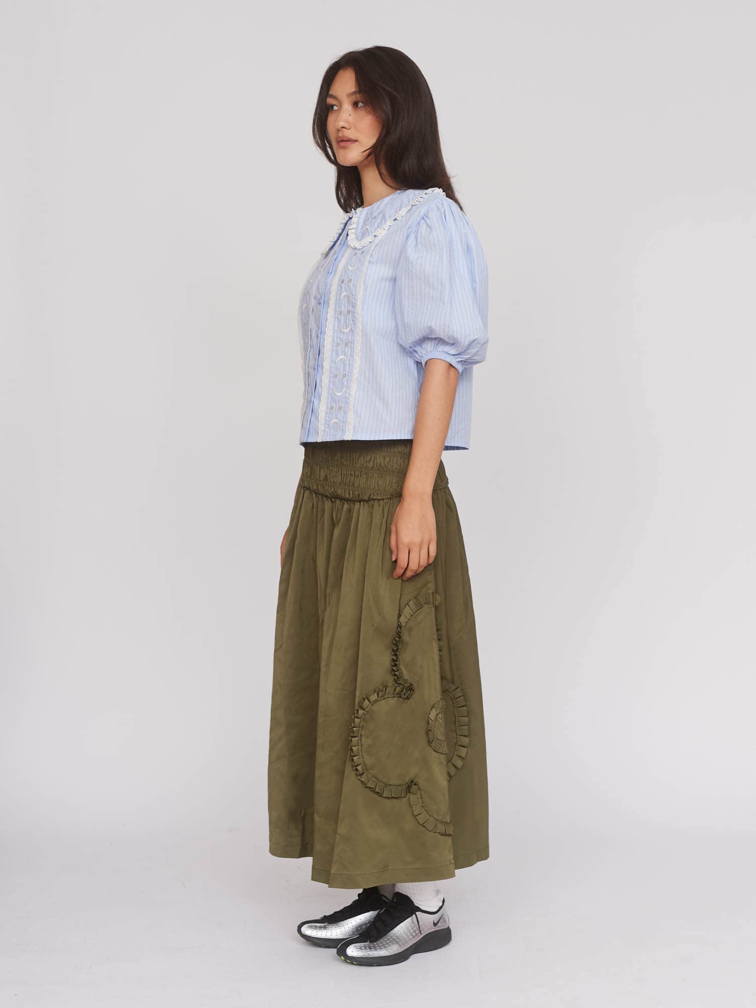 Khaki Flower Shirred Skirt - Image 4