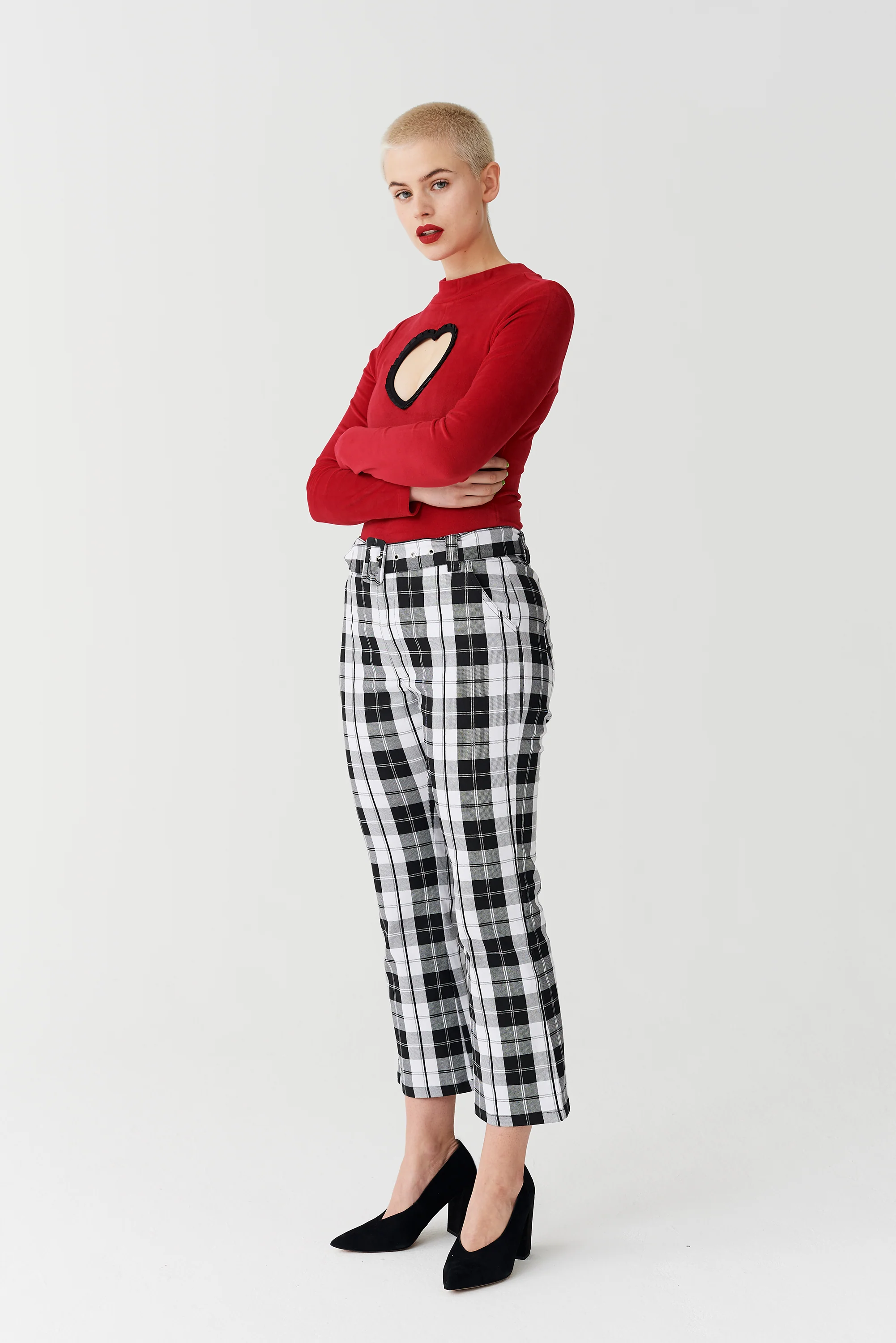Lazy Oaf Black & White Check Kick Flare Trousers - Image 2