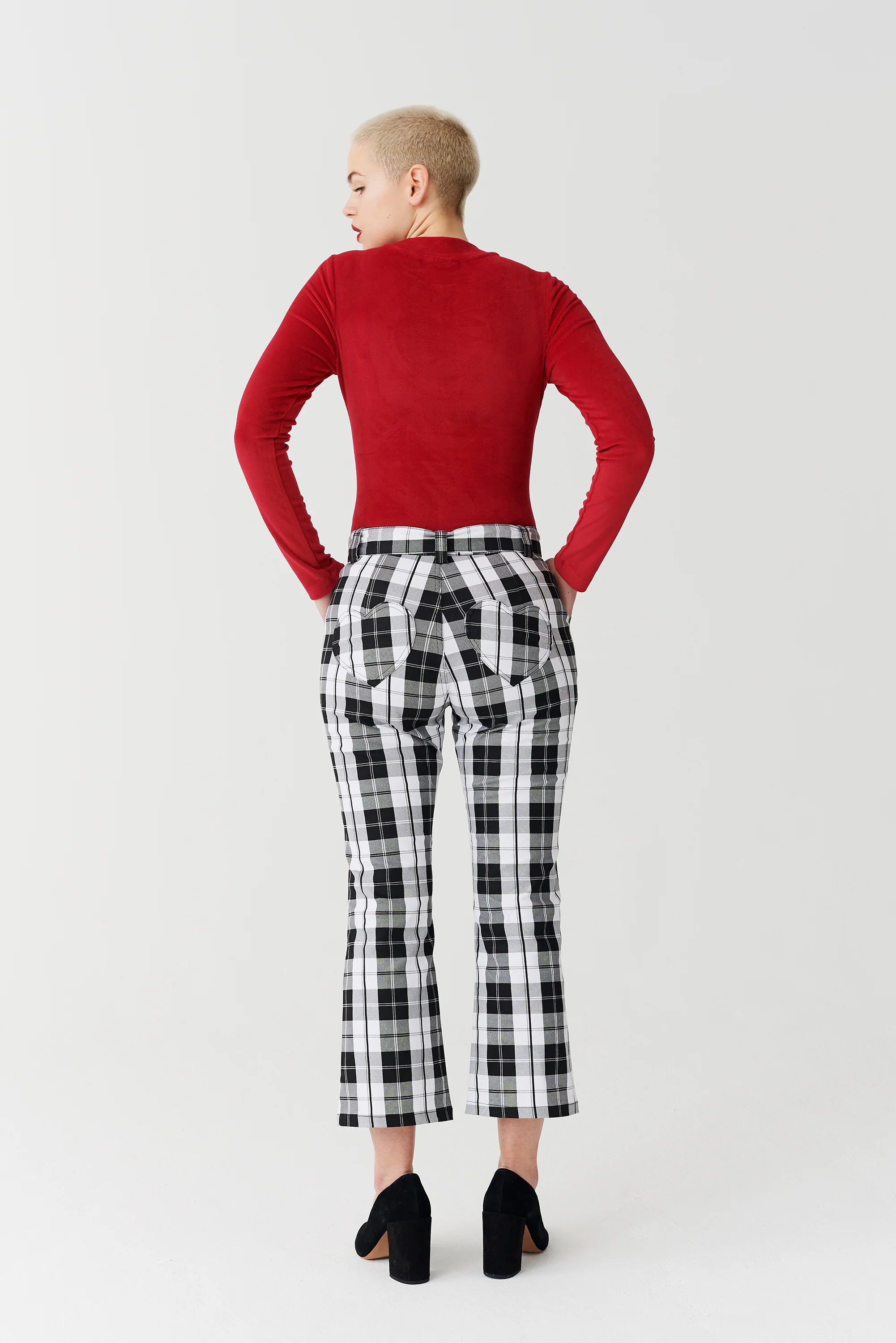 Lazy Oaf Black & White Check Kick Flare Trousers - Image 5