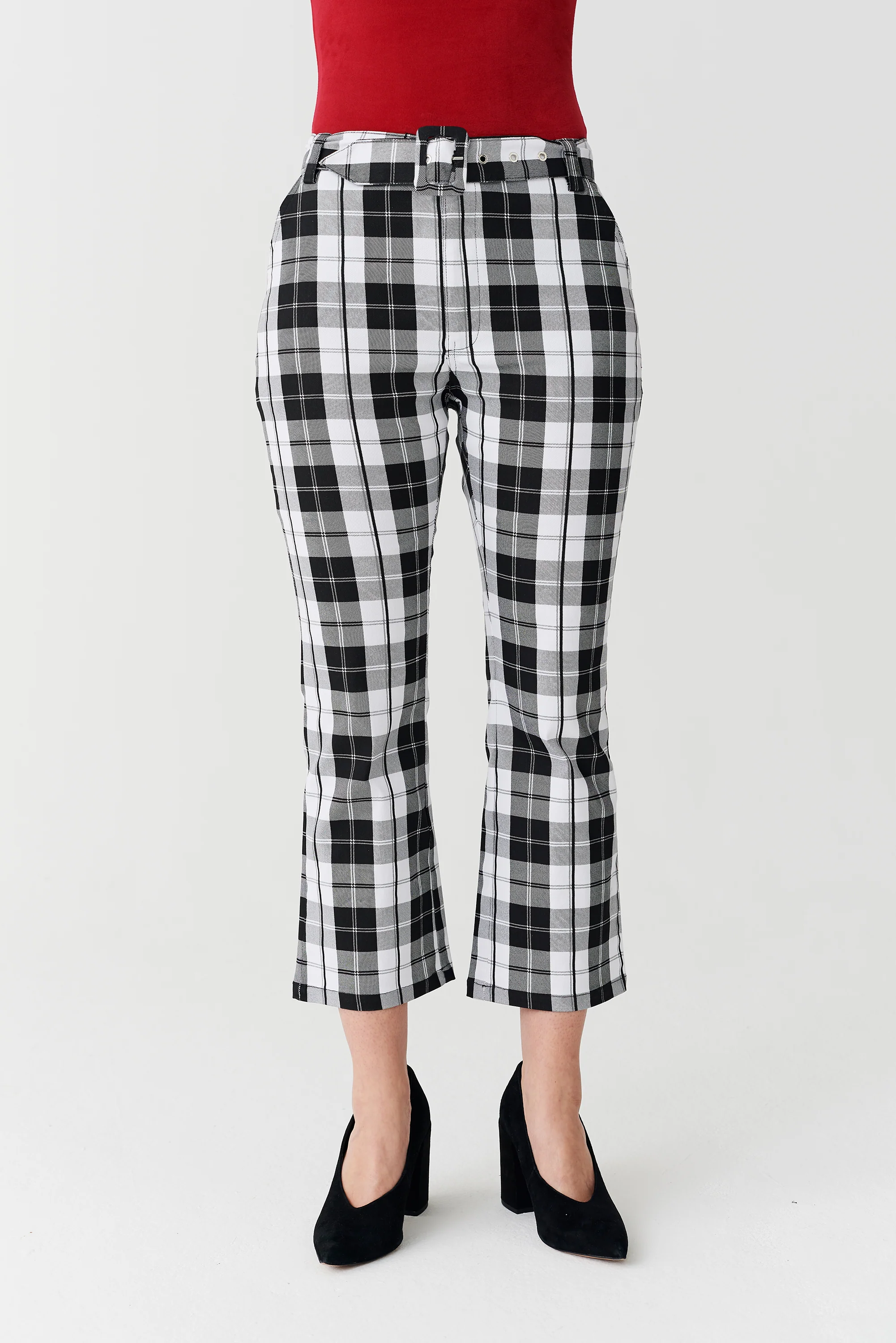 Lazy Oaf Black & White Check Kick Flare Trousers - Image 6