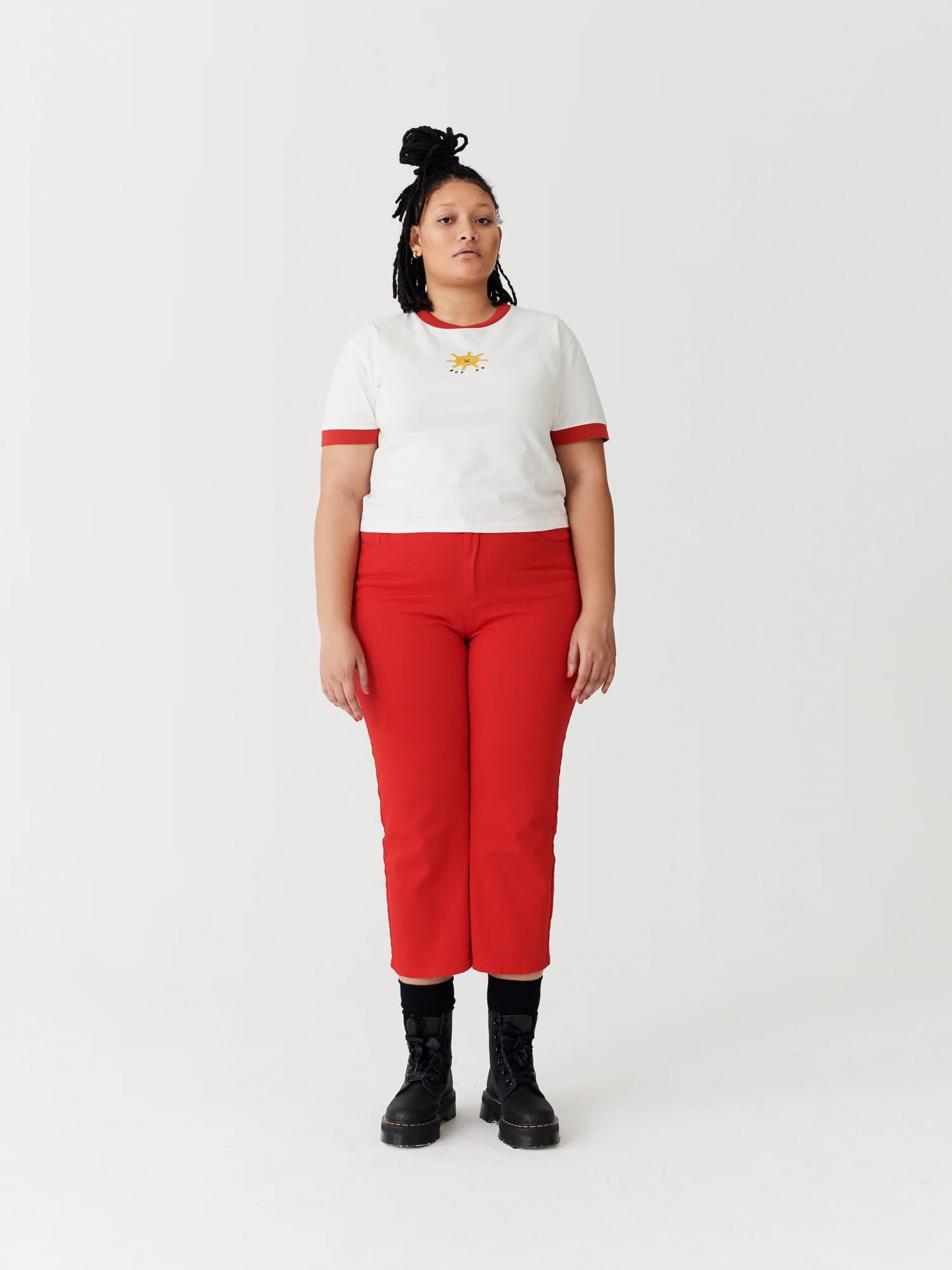 Lazy Oaf Red Heart Denim Kick Flare Trousers - Image 2