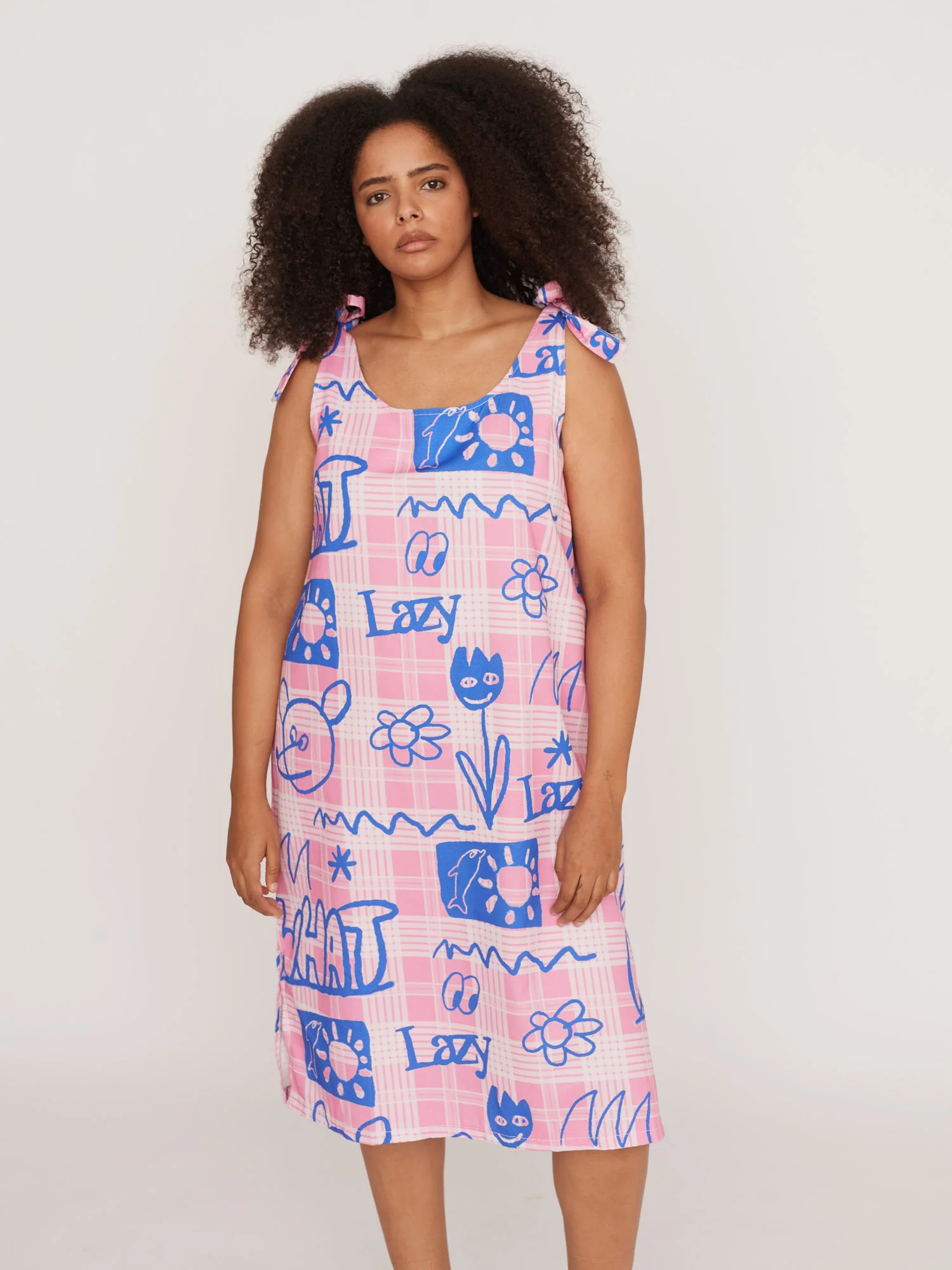 Pink Check Tie Shoulder Dress - Image 6