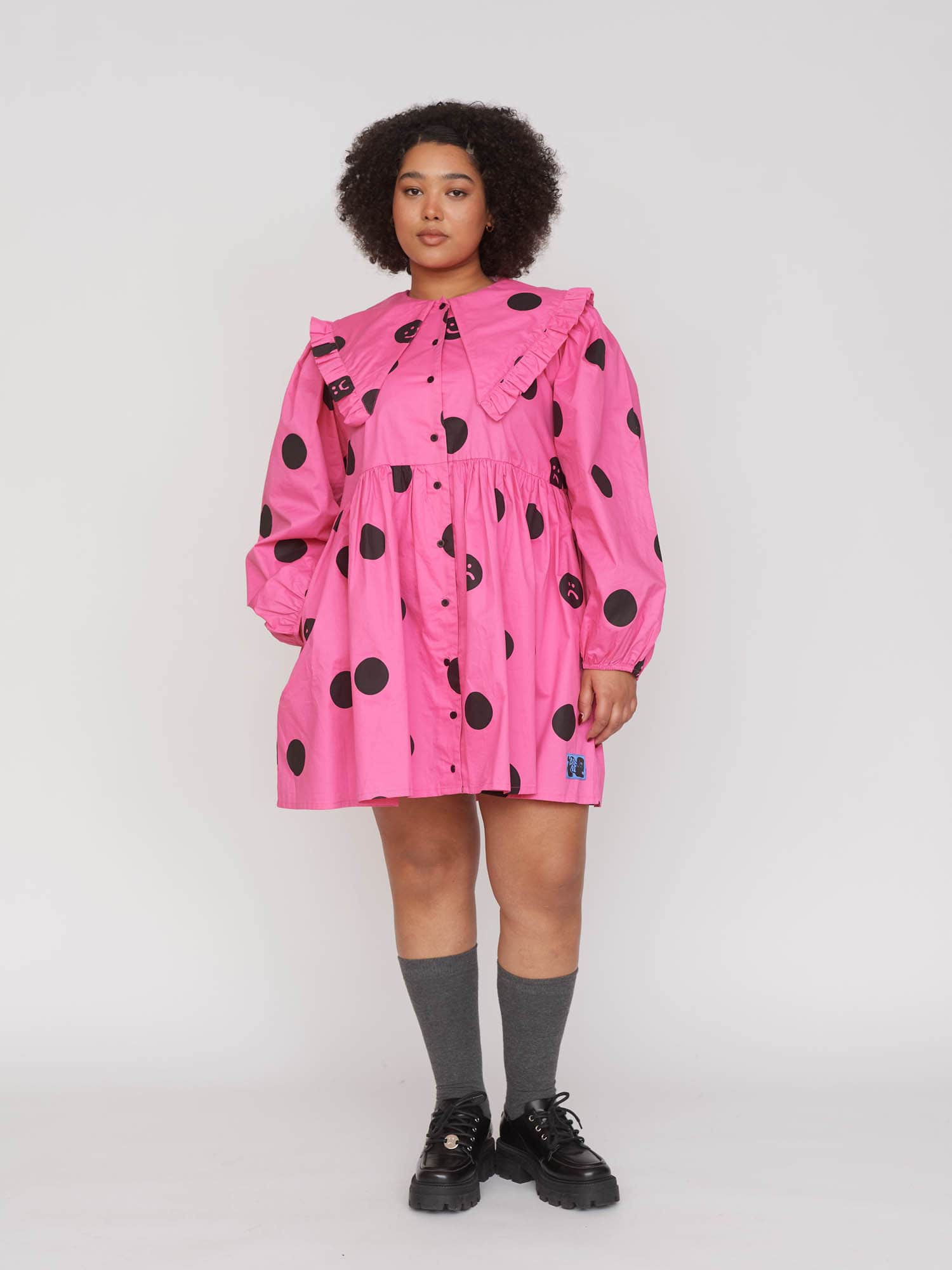 Pink Polka Dot Ruffle Collar Dress