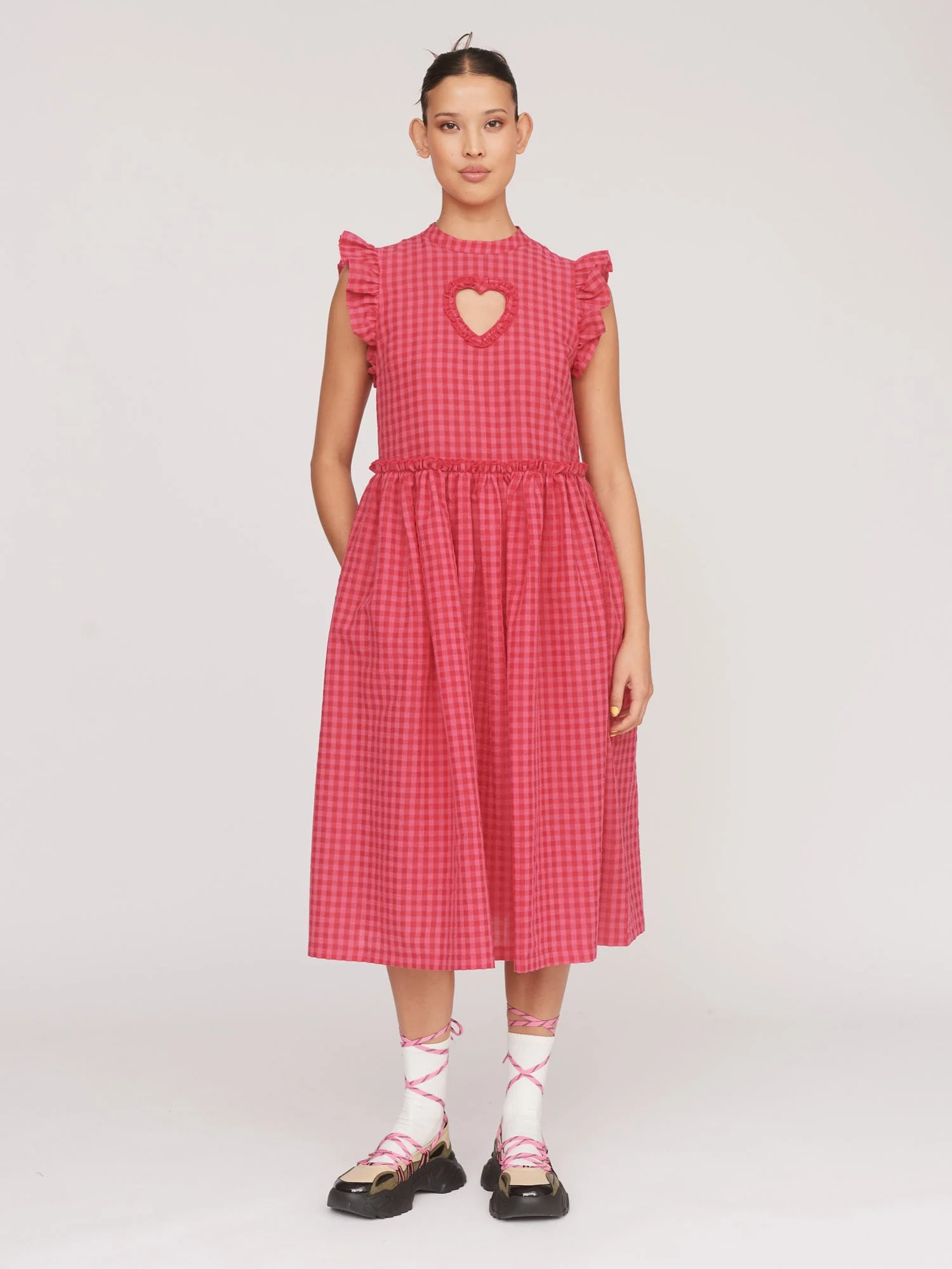 Cut Out Heart Gingham Smock Dress